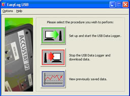 Screen 1) Start data logger, stop, view saved data