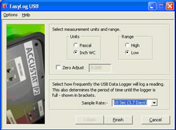 Screen 2) Select units of measurement, range and sampling rate